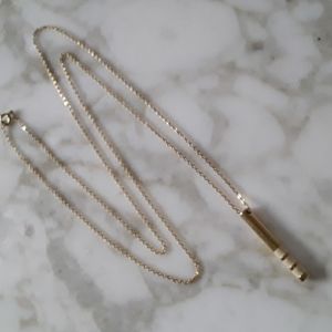 80s Pendant Necklace - gold tone with white enamel - long
